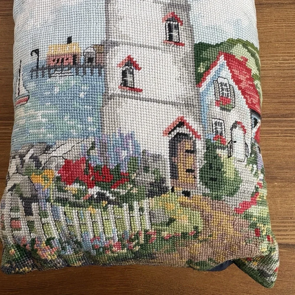 Lighthouse Needlepoint Throw Pillow Coastal Nautical Tapestry Decorative Cushion